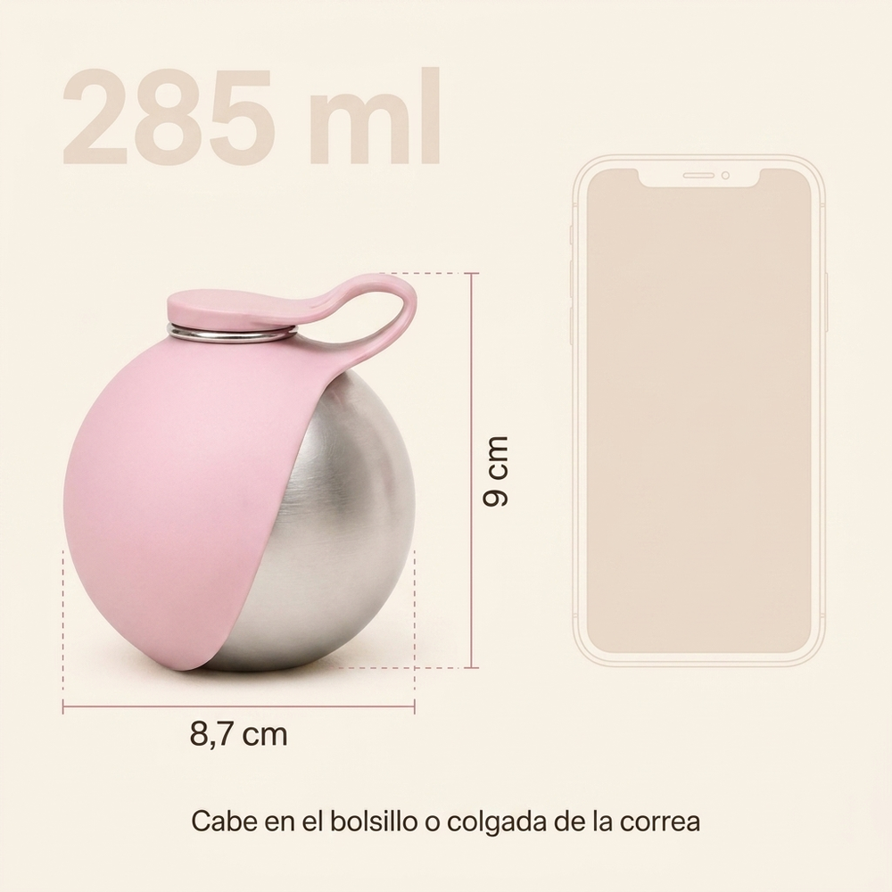 Medidas: 9 x 8,7 cm, 285 ml. Cabe en el bolsillo o colgada de la correa
